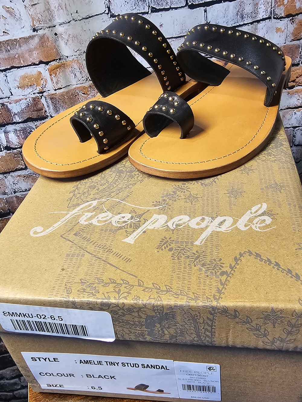Free People Amelie Tiny Stud Sandals Black Leather Slide Sandals Boho Sz 6.5 NIB